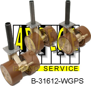B-31612-WGPS 3 Roues de piano à queue, P.U., brun-clair, laiton, 2 freins, tenon 20 mm, ou 23 mm, B-31603 ou tenon YAMAHA B-316042 et B-316043