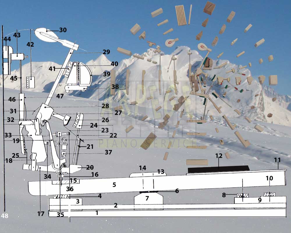 plan de coupe clavier, mécanique, étouffoir de piano droit, avec numérotation pour nomenclature des pièces