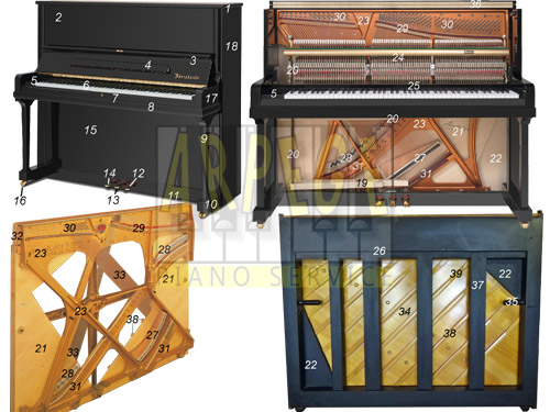 Plans de coupe numérotés de la structure harmonique ou bloc lutherie d'un piano droit, avec nomenclature