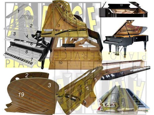 Plans de coupe numérotés de la structure harmonique ou bloc lutherie d'un piano à queue, avec nomenclature