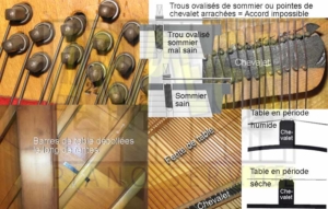 Les bois d'harmonie du piano sont hygroscopiques, se dilatent ou se rétractent selon l'humidité ou la sécheresse. Les écarts entrainent des dégâts