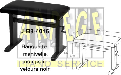 Banquette à manivelle pour piano, J-B8 4016 noir poli, velours noir