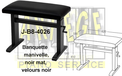 Banquette à manivelle pour piano, J-B8 4026, noir mat, velours noir