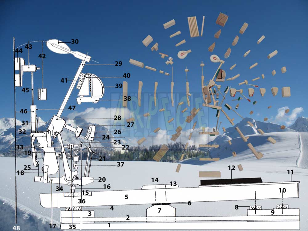 coupe de mécanique de piano droit pour nomenclature des pièces. Beauregard, La Clusaz en arrière plan