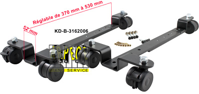 Bridges noirs à roues pour déplacement piano digital et clavier numérique: largeur 52 mm, réglables de 370 mm à 550 mm, hauteur 25 mm - avec 6 roulettes en polyurèthane , roulement à billes, avec freins, utilisables pour parquet - réf. KD-B-3162006