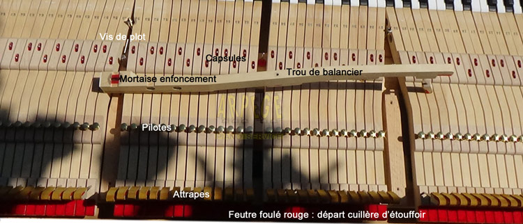 Clavier de piano à queue, touche, mortaises, pointes, enfoncement, balancier, repos, attrape