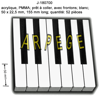 revetement_clavier_piano_acrylique, PMMA; prêt à coller, avec frontons; blanc; 50 x 22,5 mm, 155 mm, 52 pièces_