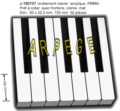 J-180707- revetement_clavier_piano_acrylique, PMMA; prêt à coller, avec frontons; creme; 50 x 22,5 mm, 155 mm, 52 pièces_