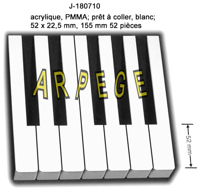 J-180710- revetement_clavier_piano_acrylique, PMMA; prêt à coller, avec frontons; blanc; 52 x 22,5 mm, 155 mm, 52 pièces_