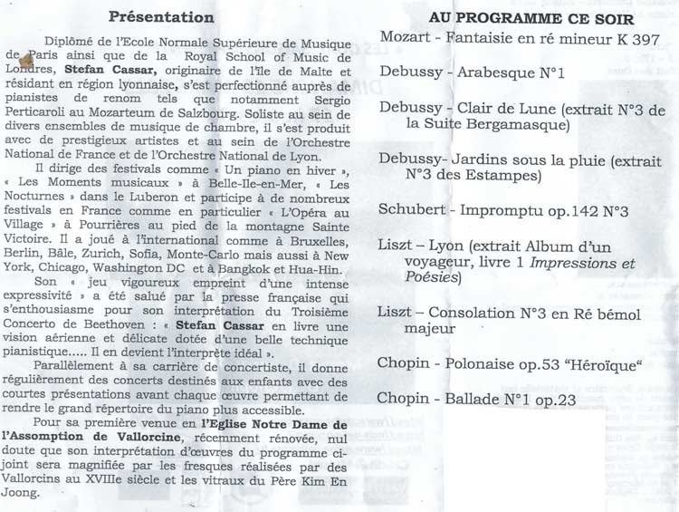 Programme récital de Stéphan Cassar à Vallorcine le 19 mars 2023