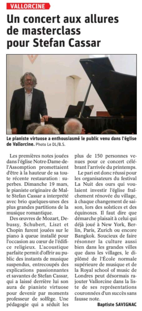 Article de presse : concert de Stéfan Cassar à Vallorcine en mars 2023