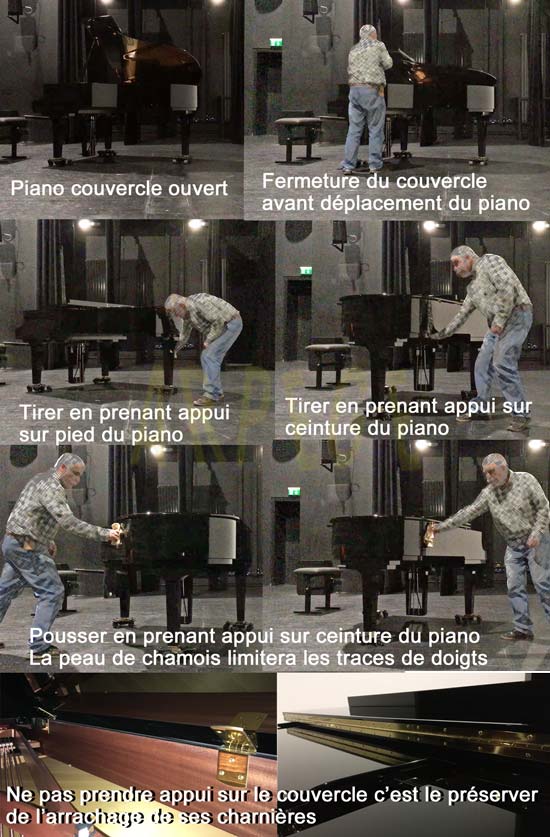 Localisation des points d'appui pour déplacer à l'intérieur d'une pièce, un piano à queue sur ces pieds, sans endomager le couvercle