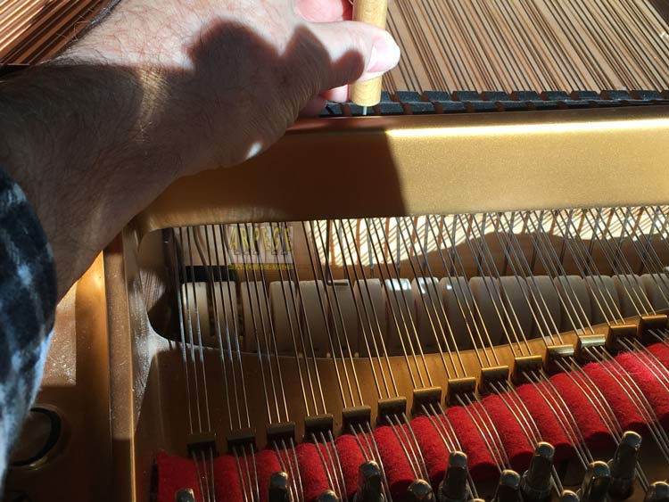 Mesure à l'aide d'une pige de la chasse des marteaux : la chasse étant la distance séparant le point de frappe d'un marteau de piano, jusqu'à la partie avale du chœur de cordes.