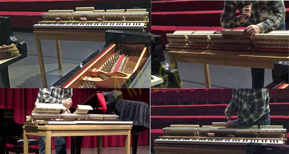 Préparation de 2 pianos pour un concert : accords à l'unisson des 2 instruments, et reprise d'harmonisation, mise en forme des têtes de marteaux, par ponçage en bande, piquage pour égalisation du timbre et de sa palette sonore.
