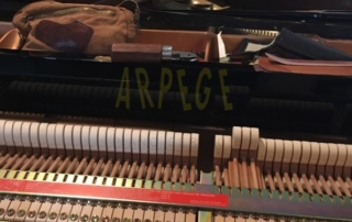 Barre de capteurs optiques sur la mécanique d'un piano à queue avec silencieux., Yamaha C2 Silent, Selon le type d'intervention, il conviendra de déposer l'ensemble du dispositif silencieux greffé sur la mécanique du piano à queue.