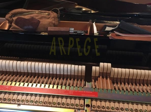 Barre de capteurs optiques sur la mécanique d'un piano à queue avec silencieux., Yamaha C2 Silent, Selon le type d'intervention, il conviendra de déposer l'ensemble du dispositif silencieux greffé sur la mécanique du piano à queue.
