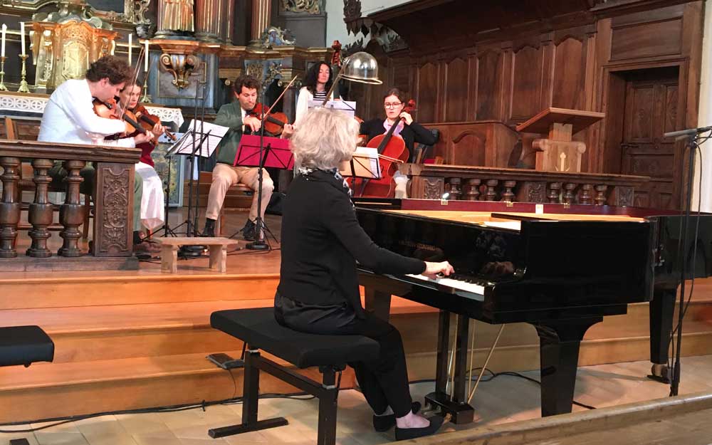 Répétition du Concert Musique et Patrimoine en Pays du Mont Blanc, le 4 août 2025 : Anne Queffelec, L.V. Beethoven, Concerto n°4 pour piano en sol Majeur, le Quator Girard et Claire Elie Tenet, contre basse