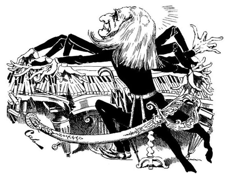 Caricature de Franz Liszt, pianiste virtuose, publiée le 3 avril 1886 par La Vie Parisienne