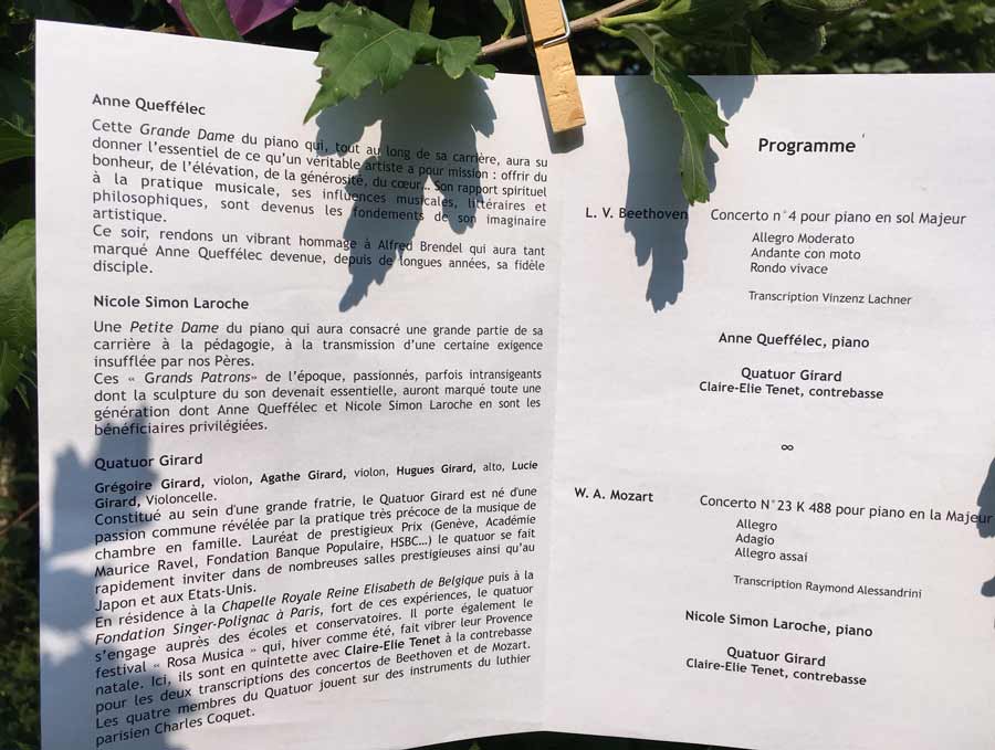 Programme 2: Concert Musique et Patrimoine en Pays du Mont Blanc, le 4 août 2025 : Nicole Simon Laroche, piano, le Quator Girard et Claire Elie Tenet, contre basse, W.A. Mozart, Concerto n+ 23 K488 pour piano en La Majeur, et Anne Queffelec, L.V. Beethoven, Concerto n°4 pour piano en sol Majeur