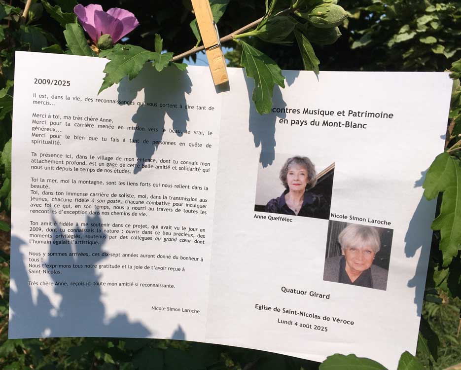 Programme 1: Concert Musique et Patrimoine en Pays du Mont Blanc, le 4 août 2025 : Nicole Simon Laroche, piano, le Quator Girard et Claire Elie Tenet, contre basse, W.A. Mozart, Concerto n+ 23 K488 pour piano en La Majeur, et Anne Queffelec, L.V. Beethoven, Concerto n°4 pour piano en sol Majeur