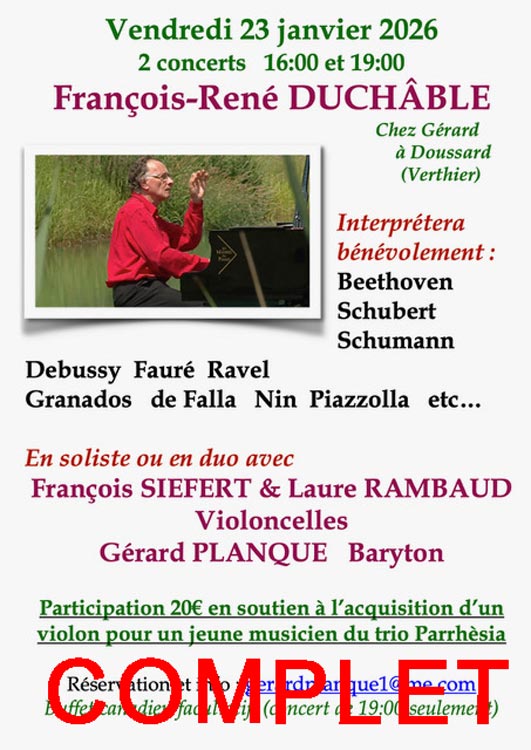 Concerts du 23 janvier, François René Duchable, piano - François Sieffert, Laure Rambaud, violoncelles - Gérard Planque, Baryton