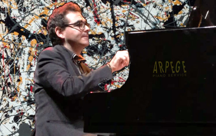 Nicola Serravalle interprétant une oeuvre Camille Pépin "n°1" inspirée de la technique picturale gestuelle de Jackson Pollock, le édripping" ou "dégoulinade"