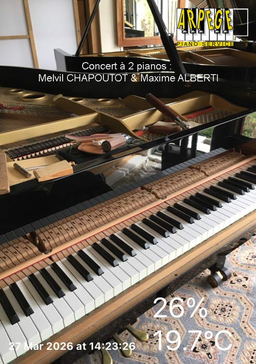 Préparation d'un Yamaha C3 et d'un C Behstein M en vue concerts à 2 pianos à Doussard le 2 et le 3 avril 2026