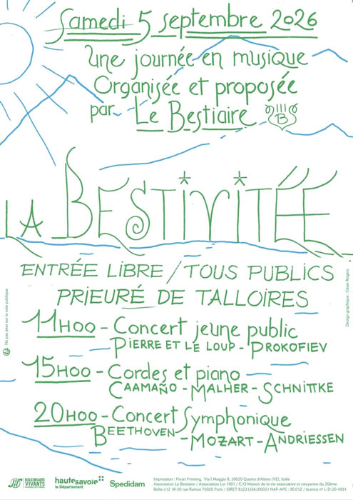 La Bestivitée, Talloires 2026 - Communiqué du Bestiaure ; Chers ami.e.s du Bestiaire, habitant.e.s de Talloires, public mélomane, festivaliers et autres spectateurs réguliers de l’Ensemble Le Bestiaire, Après 6 éditions mémorables, la Mairie de Talloires-Montmin et son conseil municipal ont pris la décision de ne pas soutenir notre cher festival Les Bestivités cette année et ce en coupant non seulement l’intégralité de son soutien financier mais également toute mise à disposition matérielle et aide logistique. Après multiples tentatives de dialogue depuis l’investiture de la nouvelle équipe municipale menée par T. Portafaix, notamment notre demande d’accès au dossier de subvention (pourtant légalement obligatoire) restée sans réponse, leur décision nous est parvenue par mail à seulement trois mois de la tenue du festival. Cette décision est restée immuable malgré une pétition lancée par les habitant.e.s de Talloires-Montmin avec plus 700 signatures qui demandait une réexamination du dossier. Ce choix est d’autant plus incompréhensible qu’il découle d’une méconnaissance avérée du festival d’une part en le qualifiant par écrit de “spectacle” et d’une autre lors du rendez-vous avec Mr Le Maire où nous avons du reprendre l’historique du festival et de l’association ainsi que préciser que nous étions tous musiciens professionnels. Cette décision rend impossible la tenue de l’édition 2026 des Bestivités telle que nous l'avions initialement conçue et met en péril l'équilibre financier et la faisabilité de l'événement. En effet, le non soutien de la commune qui héberge le festival nous oblige automatiquement à renoncer aux subventions des autres institutions que nous avions acquises grâce à l’ancrage et l’ancienneté des Bestivités. Après plusieurs délibérations et dans ces conditions nous nous voyons contraints d'annuler le festival car nous ne pouvons tenir nos engagements vis-à-vis de nos partenaires, des artistes et du public. Nous avons néanmoins décidé de maintenir une des quatre journées initialement prévues le samedi 5 septembre 2026, sans renoncer à l’accessibilité pour toutes et tous, par amour pour l’événement que nous avons construit ensemble depuis 2019, par respect pour le public fidèle et grâce au soutien de Gabriella Goldstein, nous donnant accès à la Grande Salle du Prieuré. Afin de pouvoir organiser cette journée dans des conditions décentes et nous permettre d’envisager une suite pour l’activité de l’association du Bestiaire, nous faisons appel à vous, à votre générosité et à votre dévotion, chers ami.e.s du Bestiaire, habitant.e.s de Talloires, public mélomane, festivaliers ou simplement défenseurs d’une culture de qualité accessible. Merci encore d'être là pour nous Bestialement votre, L'équipe du Bestiaire
